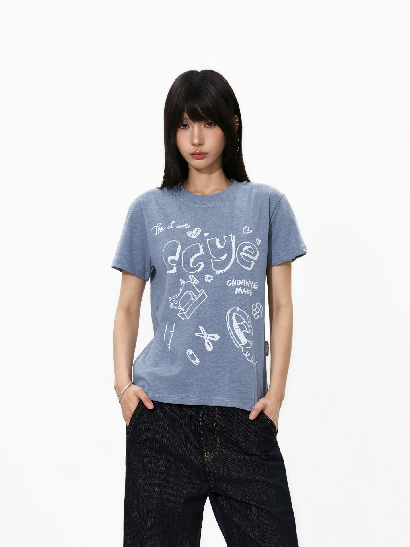 S3T5 Original Fun Hand-Drawn Print Pure Cotton Short-Sleeve T-Shirt Women's Slim Fit round Neck Top Trendy Casual Wear Summer
