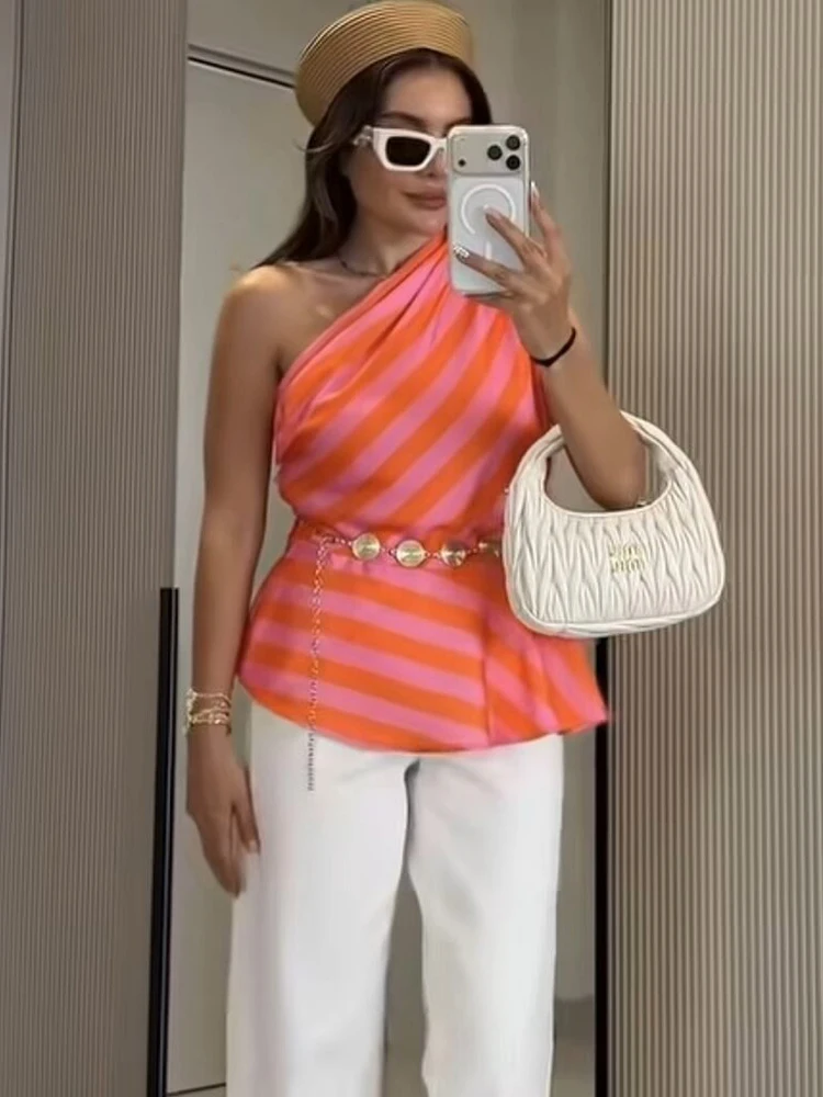 Elegant Women Striped One-Shoulder Tops Summer Commuting Casual Trendy Asymmetrical Tops  Fashion Vacation Tops 2026 New