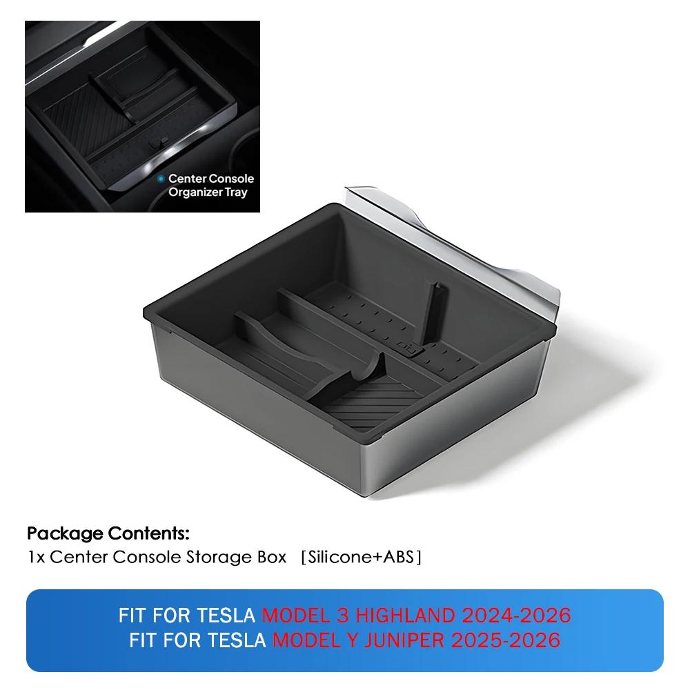 Heenvn Für Tesla Model Y Juniper & Model 3 Highland 2025-2026 ABS Mittelkonsolen-Organizer Ablage Armlehnen-Aufbewahrungsbox Zubehör