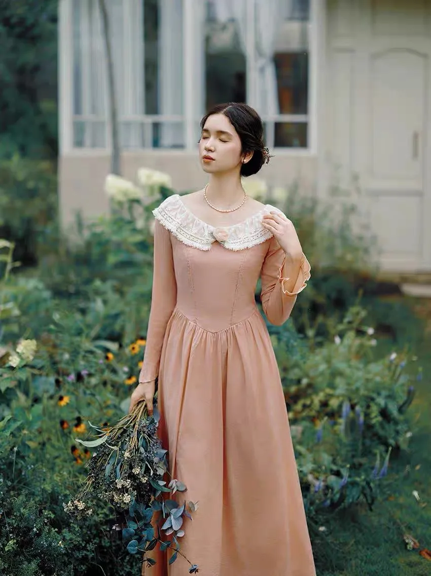 84-96cm Bust Spring Autumn Women Romantic Medieval Vintage Oil Painting Prairie Style Slim Tea Dresses