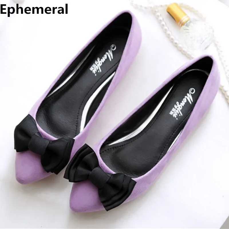 Lady Lovely Casual Slip On Flats Spring Loafers Flock Fashion Pointed Toe With Bow Purple Black Plus Size 48 42 Woman Bag Shoes