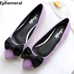 Lady Lovely Casual Slip On Flats Spring Loafers Flock Fashion Pointed Toe With Bow Purple Black Plus Size 48 42 Woman Bag Shoes
