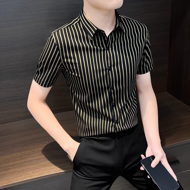 Camisas Shirt Men High Quality Luxury Clothing Summer Short Sleeve Striped Shirts for Men Slim Blouse Business Casual Shirt New