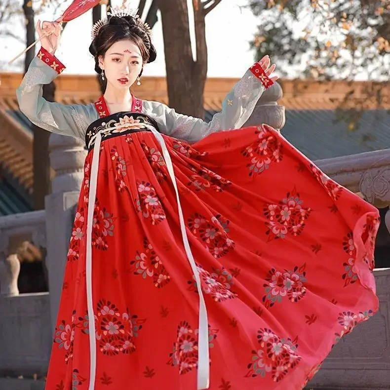 

3 Styles Summer Ancient Traditional Chinese Red Hanfu Dress Woman Vintage Floral Stage Dance Costume Tang Dynasty Clothes