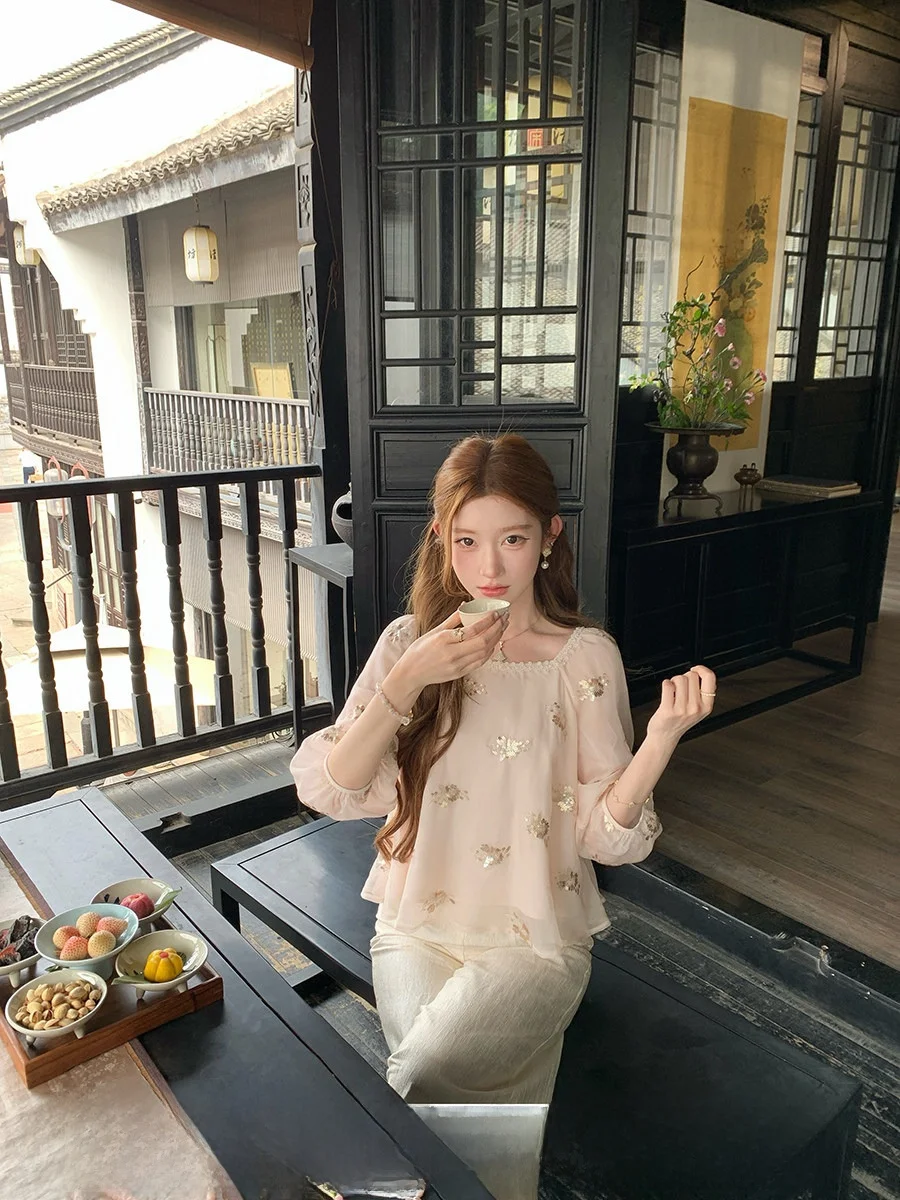 

Летний женский топ NMIOK с пайетками, легкий, свободного кроя, с рукавами-фонариками, в китайском стиле