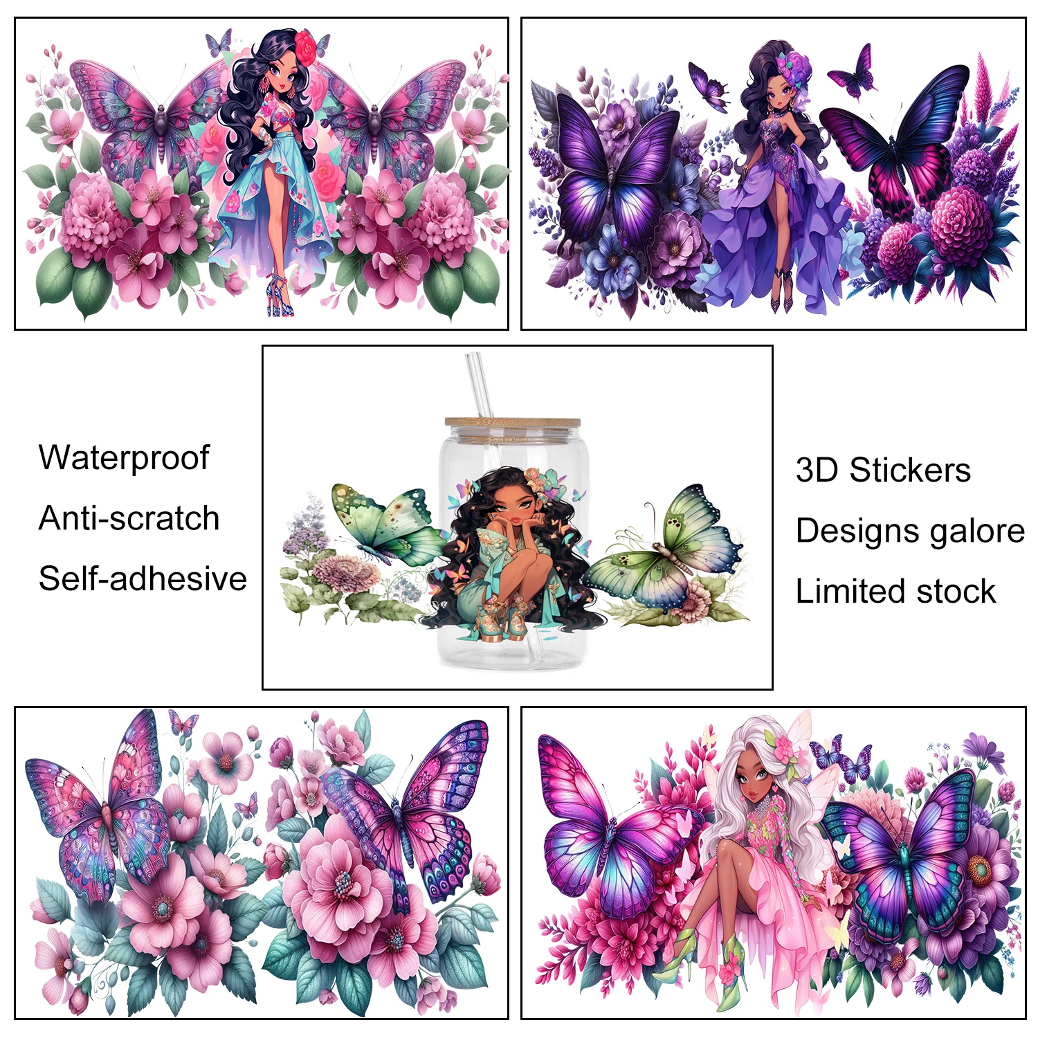Cute Butterfly Girl Series Pattern UV DTF Sticker Waterproof Transfers Decals For 16oz Glass Cup Wrap Black Power 3D Stickers