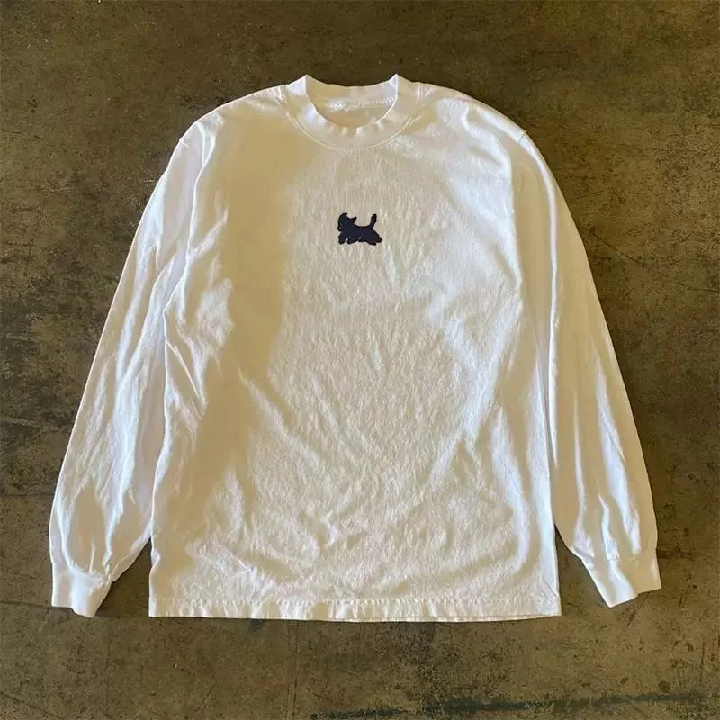 Pure Cotton Long Sleeve T-Shirt Unisex Breathable Running Dog Design 300g American Oversize Style Fashionable Summer Sun Prot...