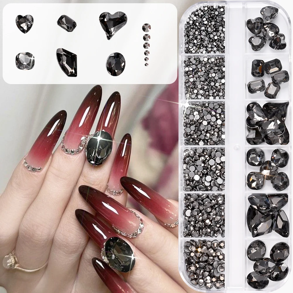 

12Grids Dark Black Glass Rhinestone Nail Charms 3D Luxury Crystal Diamond Nail Jewelry Glitter Halloween Nail Accessories Decora