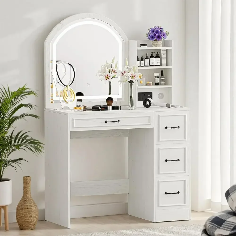 Antique White Makeup Vanity Desk with Mirror, Lights, Side Cabinet and Glass Top