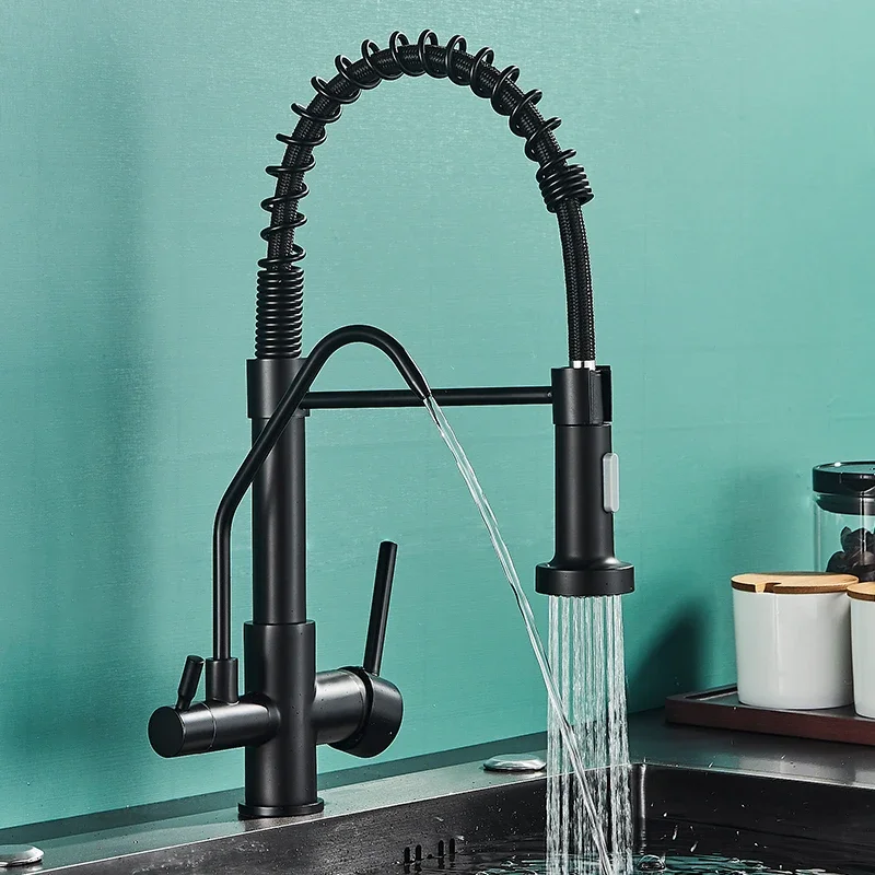 Matte Black Kitchen Filtered Faucet Water Tap Purifier  Dual Sprayer Drinking   360 Rotation Purification Mixer