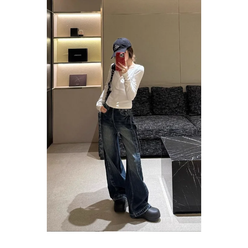 アメリカンレトロワイドレッグジーンズ女性ルーズストレートレッグストレッチフロアレングスパンツ