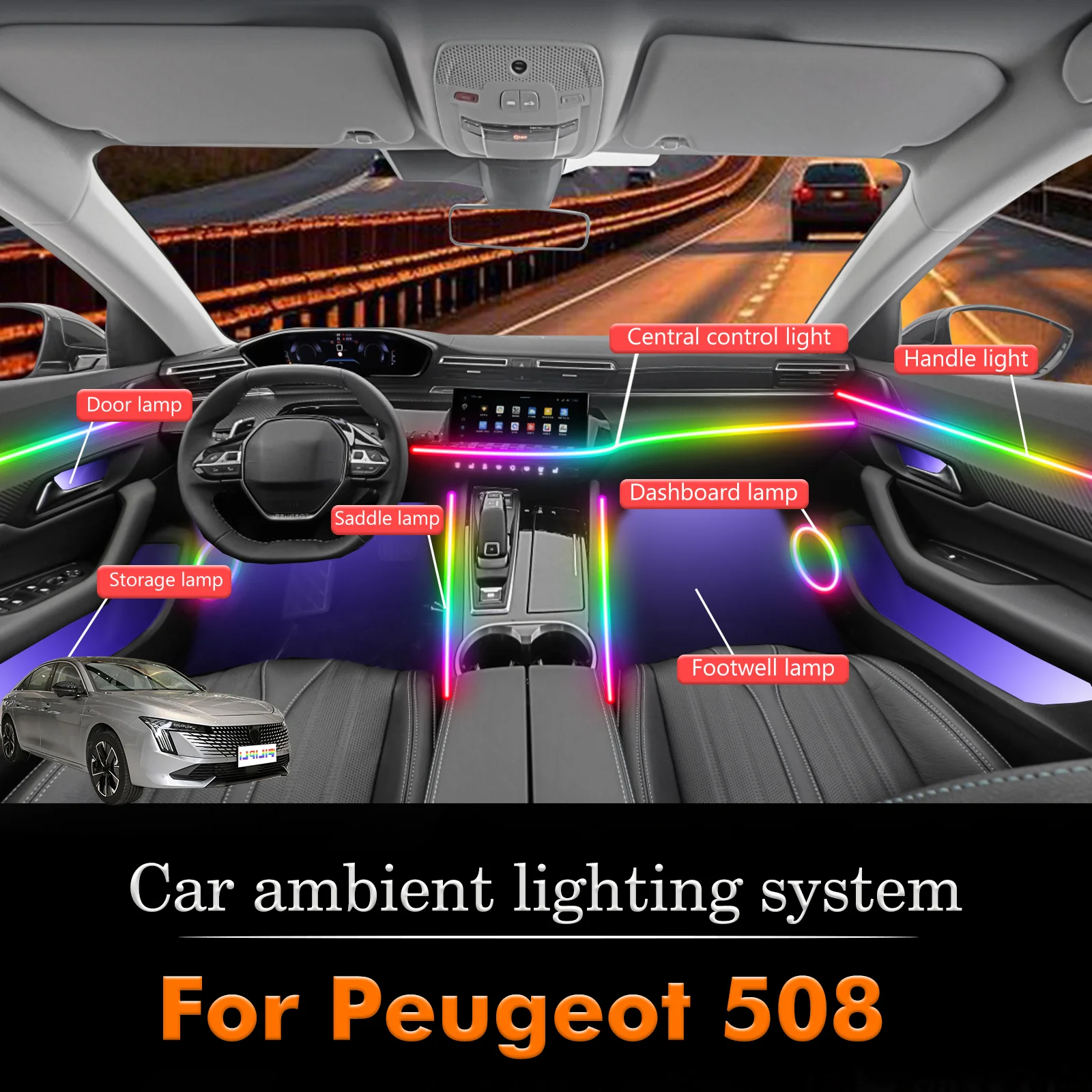 

For Peugeot 508 Smart Remote Control Car Interior Ambient Light RGB 64 Colors LED Energy Saving Efficient Lamp Kit
