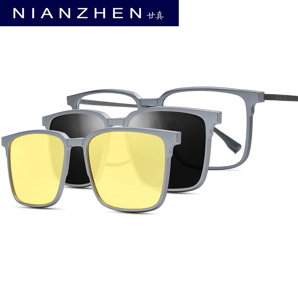 NIANZHEN Alloy Glasses Frame Men Square Magnet Clip Eyeglasses Night Vision & Polarized Lens Ultralight Eyewear 22216
