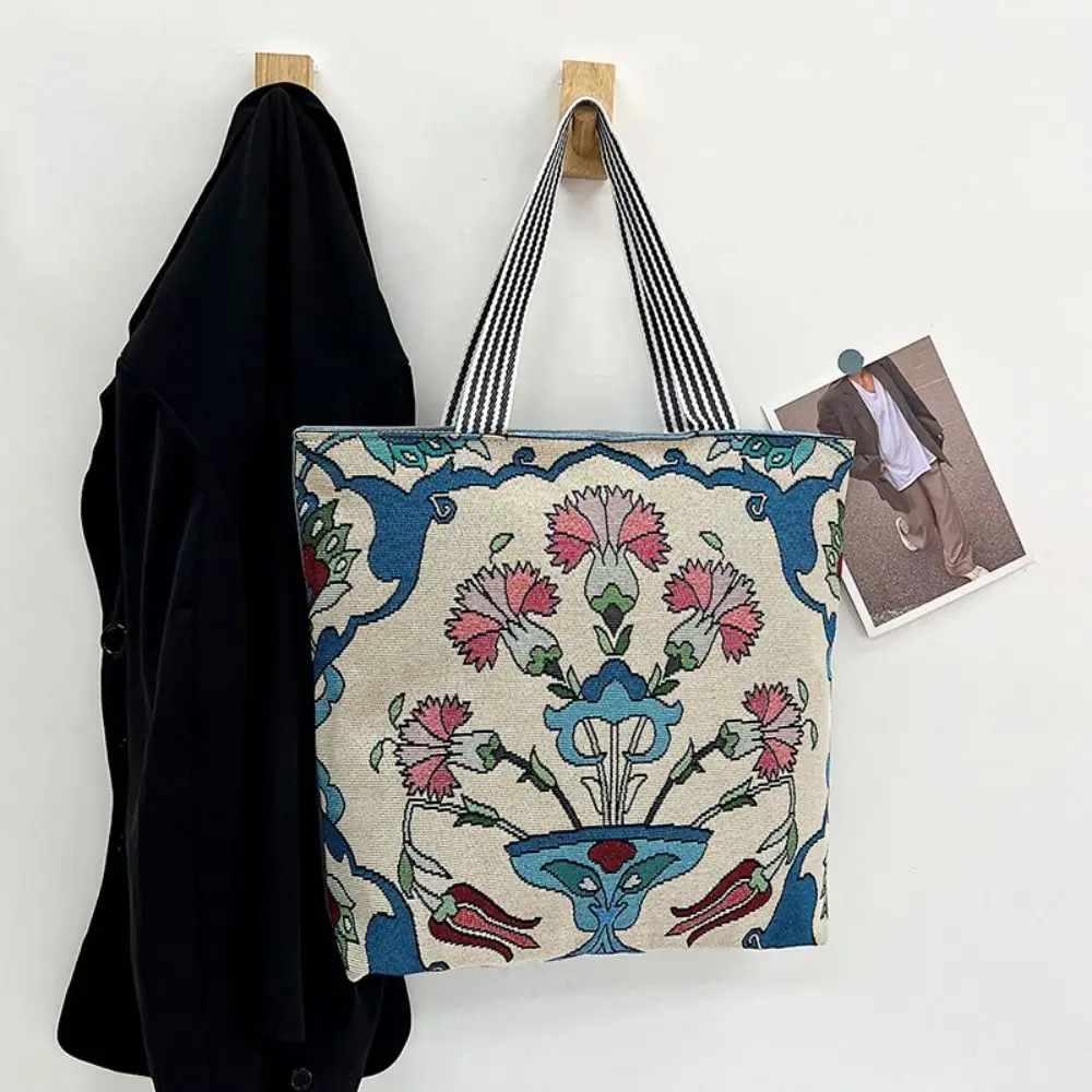 Bolso informal de flores de estilo étnico, bolsa de tela bordada de lona de gran capacidad, bolso de hombro de animales de mariposa, bolsa de almacenamiento