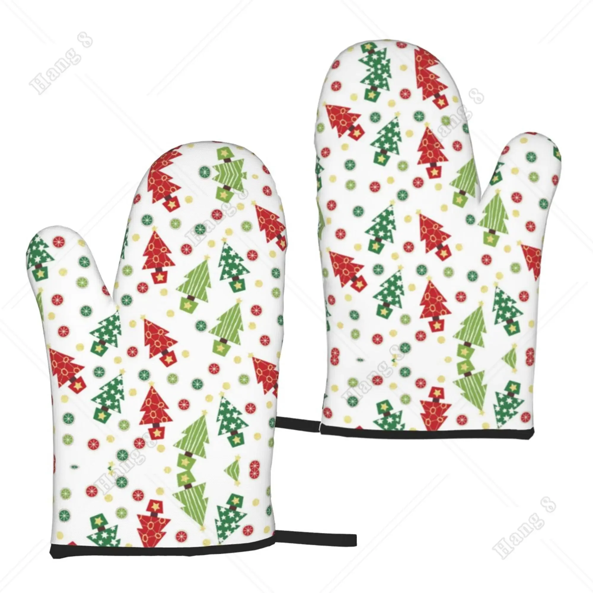 Green and Red Christmas Tree Oven Mitts Cartoon Kitchen Gloves 2pcs Bbq Gloves Oven Gloves Heat Resistant for Cooking Grilling