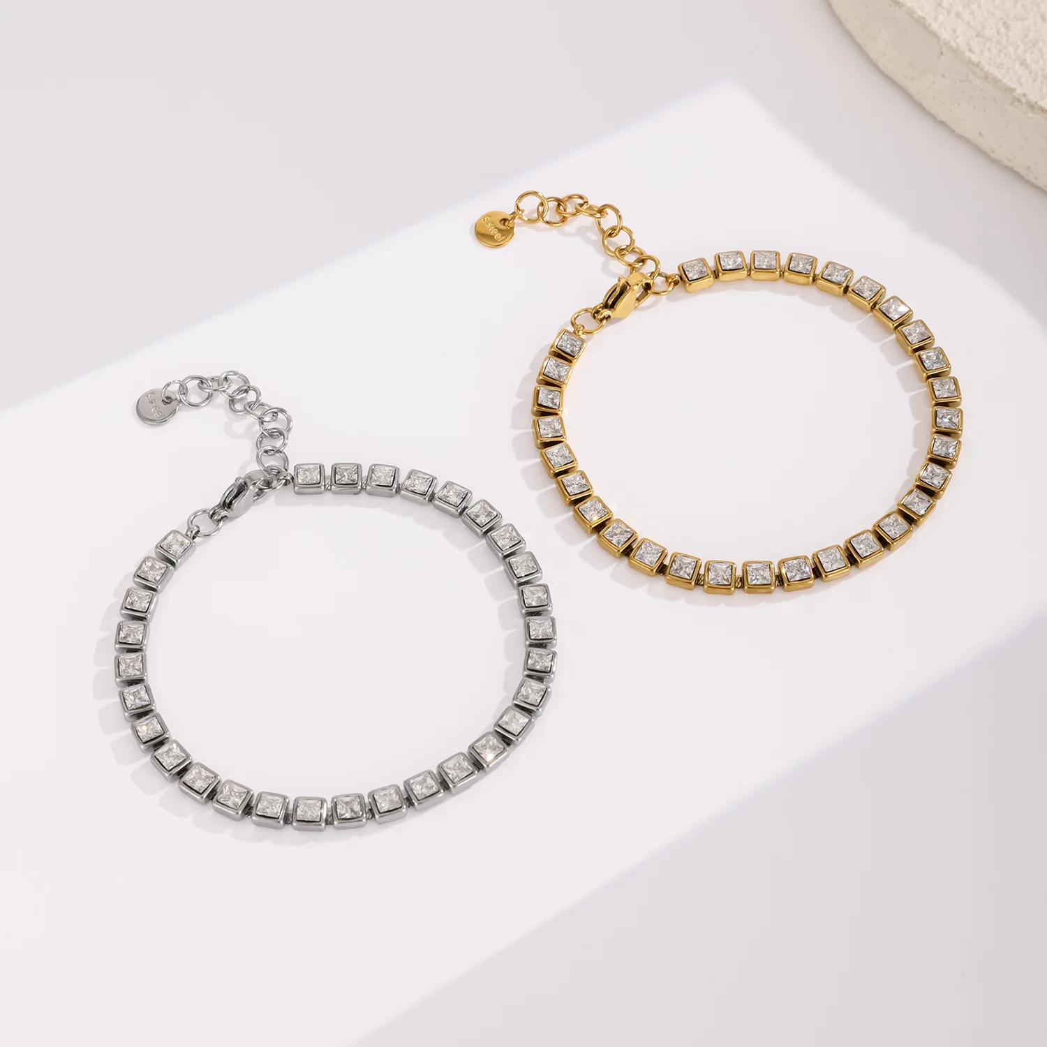 Minimalist Bling Square Cubic Zirconia Tennis Bracelet Waterproof Stainless Steel Stacking Bracelet For Women Party