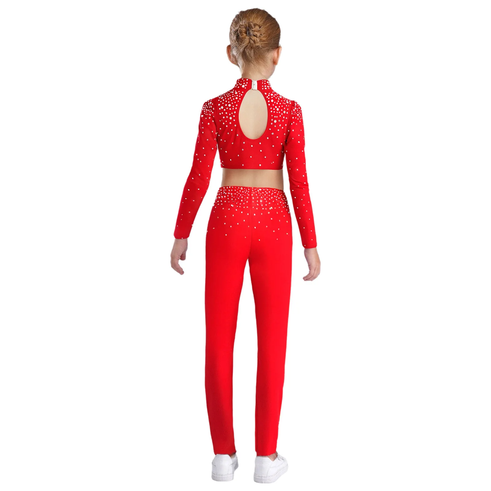 Costumi per balletto da ginnastica per ragazze per bambini Strass scintillanti Manica lunga Buco della serratura sul retro Top corto metallico + Pantaloni Tuta da ballo jazz