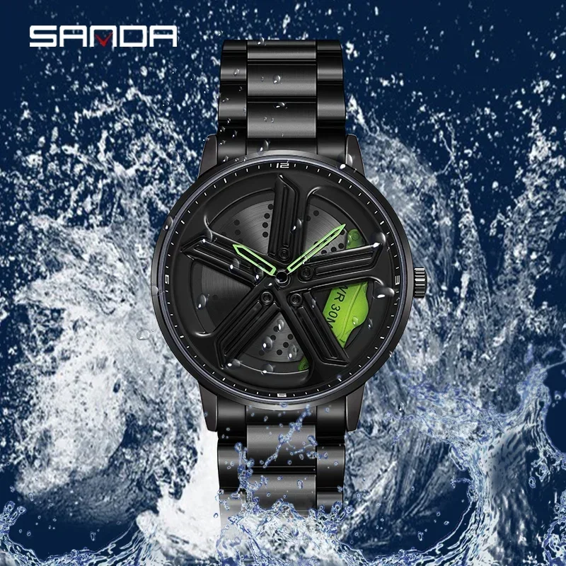 SANDA P1106 2023 Fashion Men Car Hub Quartz Watch Custom Design Waterproof Wheel Rim Rotating Dial WristWatch Relogio Masculino