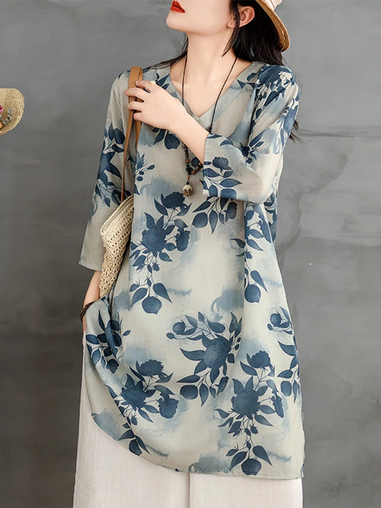 Luźna koszula damska z bawełny i lnu na lato, z dekoltem w serek, średniej długości, z nadrukiem, w stylu vintage, idealna do pracy.