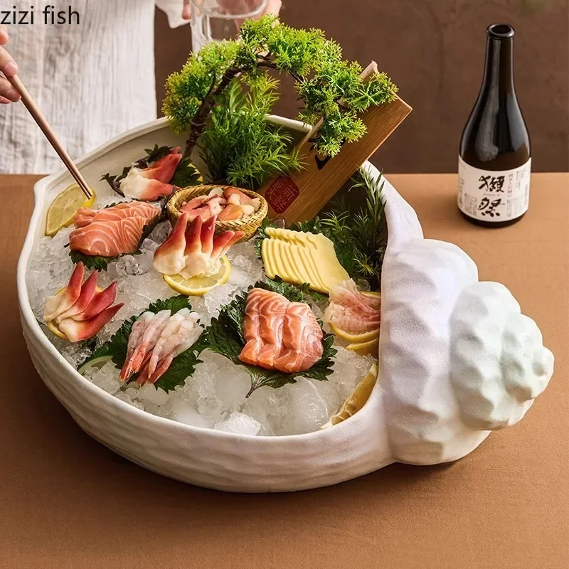 

Creative Conch Ceramic Dry Ice Plate Salmon Sashime Plate Seafood Display Plate Restaurant Molecular Cuisine Featured Tableware