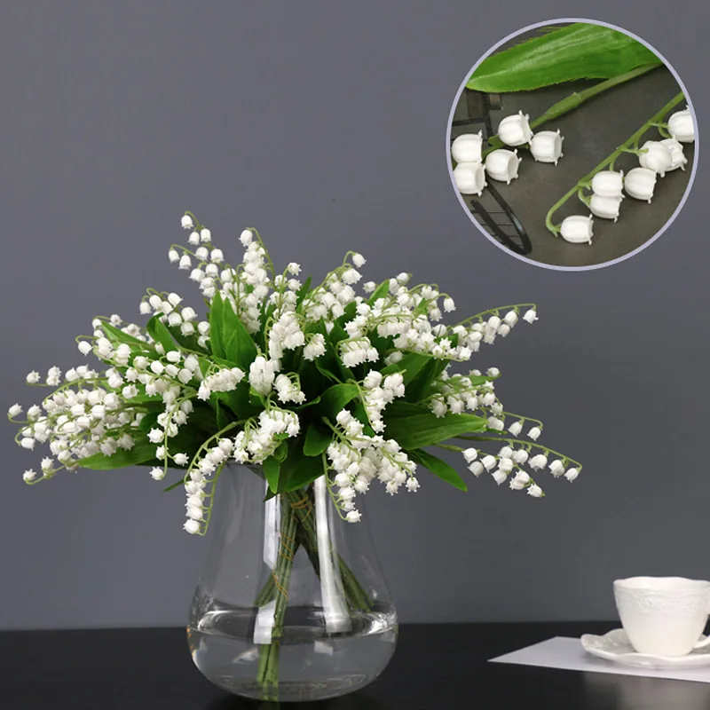 6PC/set White Lily of The Valley Artificial Flower Orchid Chime Fake Flower for Wedding Party Bride Bouquet Home Table Decora