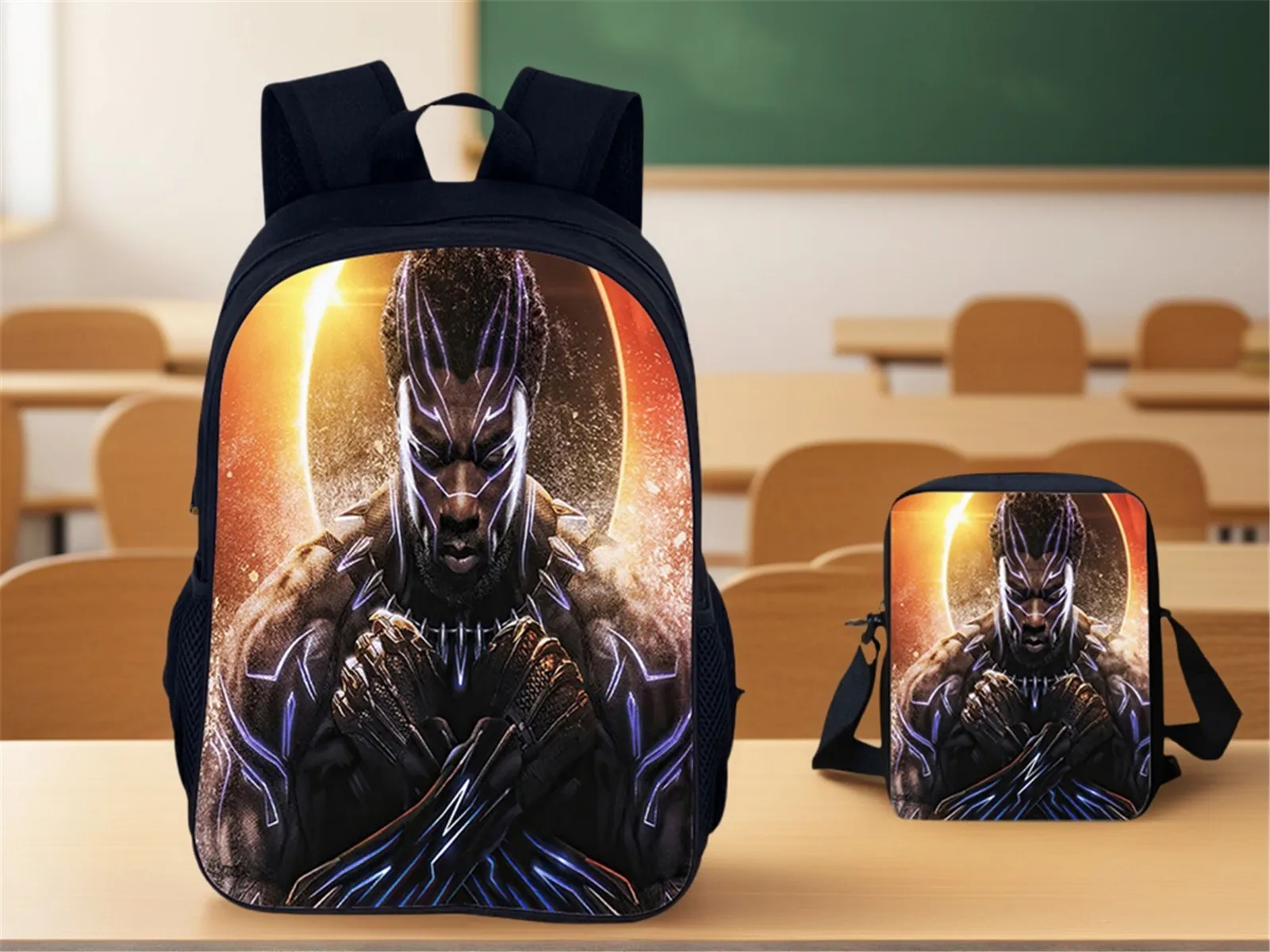 

Unisex Boy Girl Black Panther Lightweight School Backpack,Multifunction Rucksack with Shoulder Bag 2Pcs Set