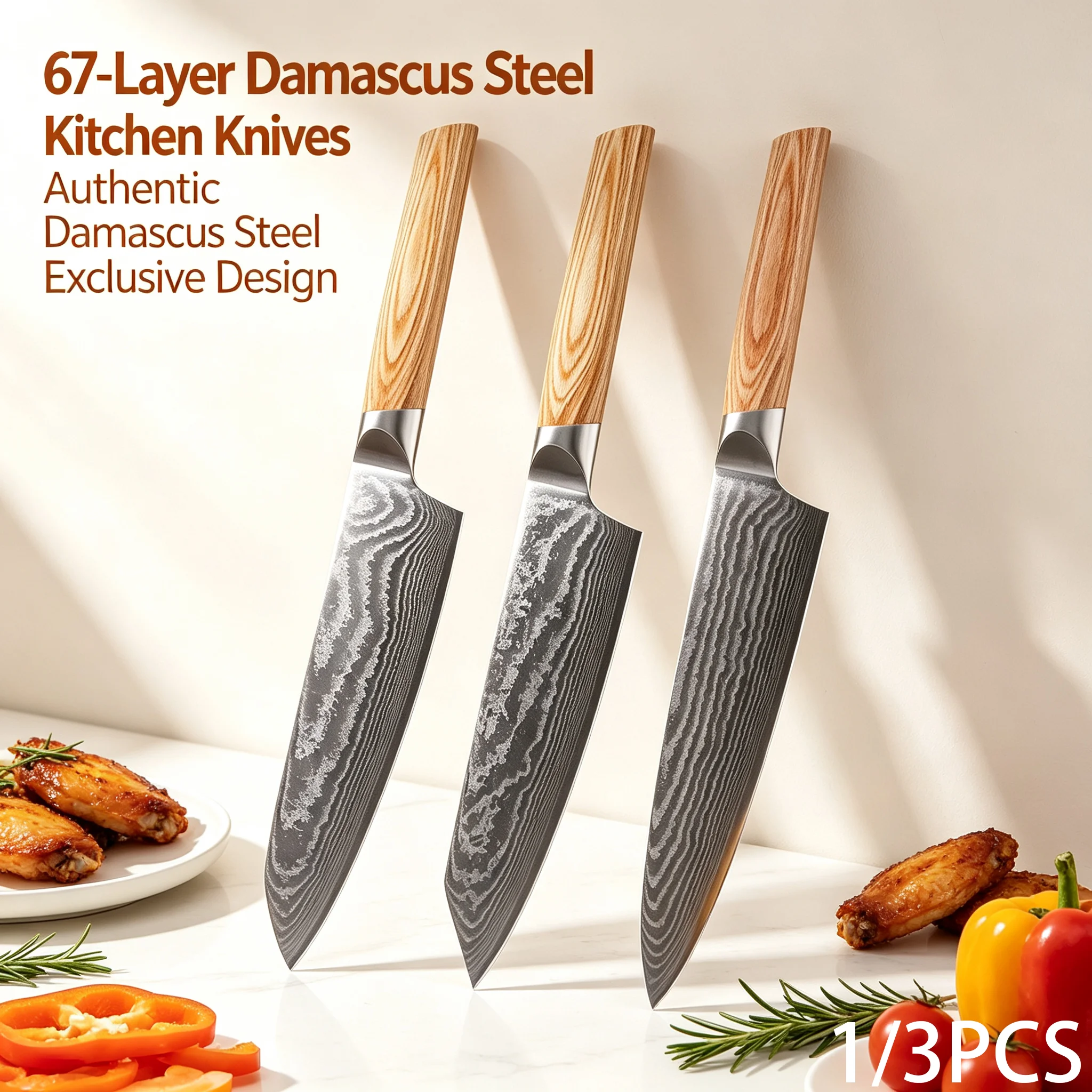 1/3PCS,Household 67 Layer Damascus Kitchen Knife Multi-purpose Kitchen Chef Knife Meat & Vegetable Slicing Knife