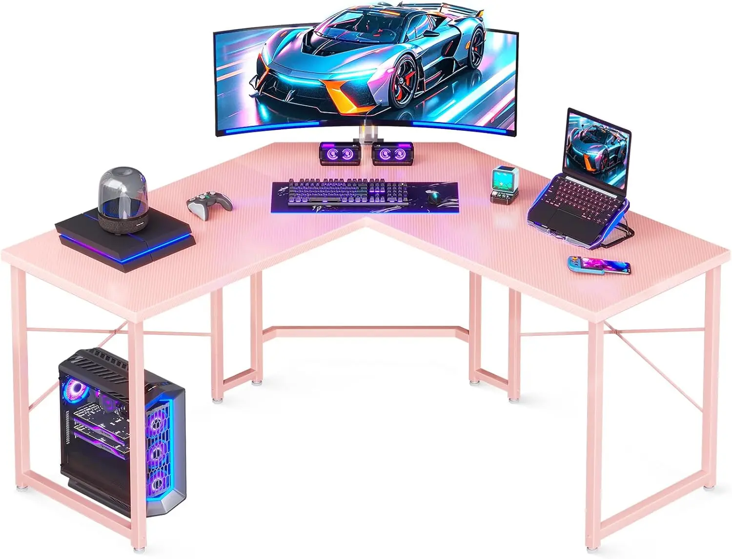 

51 Inch L Shaped Gaming Desk, Computer Desk Table for Home Office Sturdy Writing Workstation, Carbon Fiber Surface, Pink