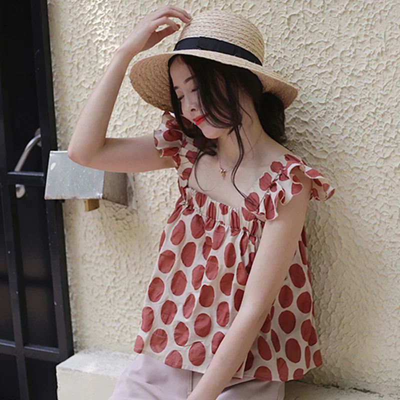 Summer Fashion Pleated Square Collar Sleeveless Camisole Women Clothing All-match Fashionable Polka Dot Sling Pullover T-Shirt