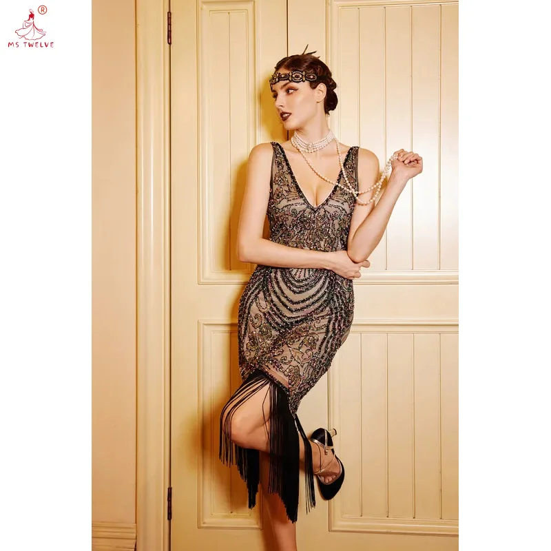 Vintage 1920s Flapper V-Neck Sequin Tassel Latin Dance Ballroom Women Great Gatsby Party Dress Elegant Beaded Sleeve