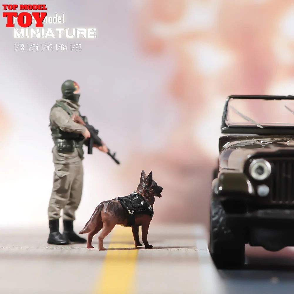 In Stock Painted Miniatures 1/64 1/87 1/43 1/18 German Shepherd Search Dog Model Scene Props Figures Unpainted For Vehicle Toy