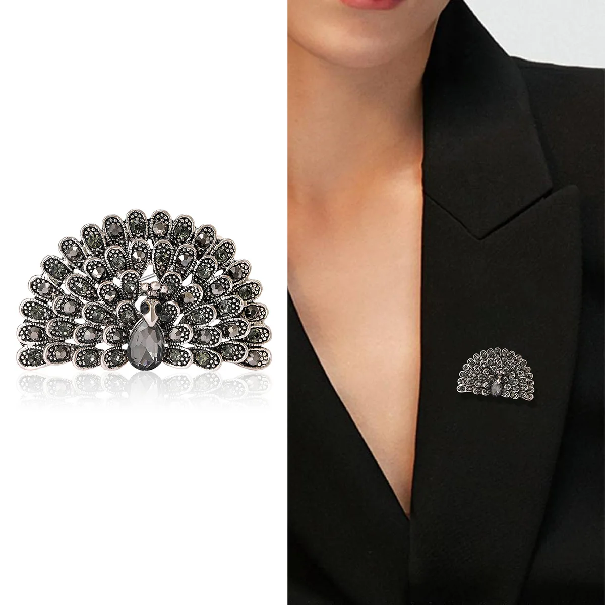 Cute Half-crouched Peacock Brooch with Tail Spread Out, Full of Rhinestone Lapel Pin Badge Backpack Clothing Hat Accessories