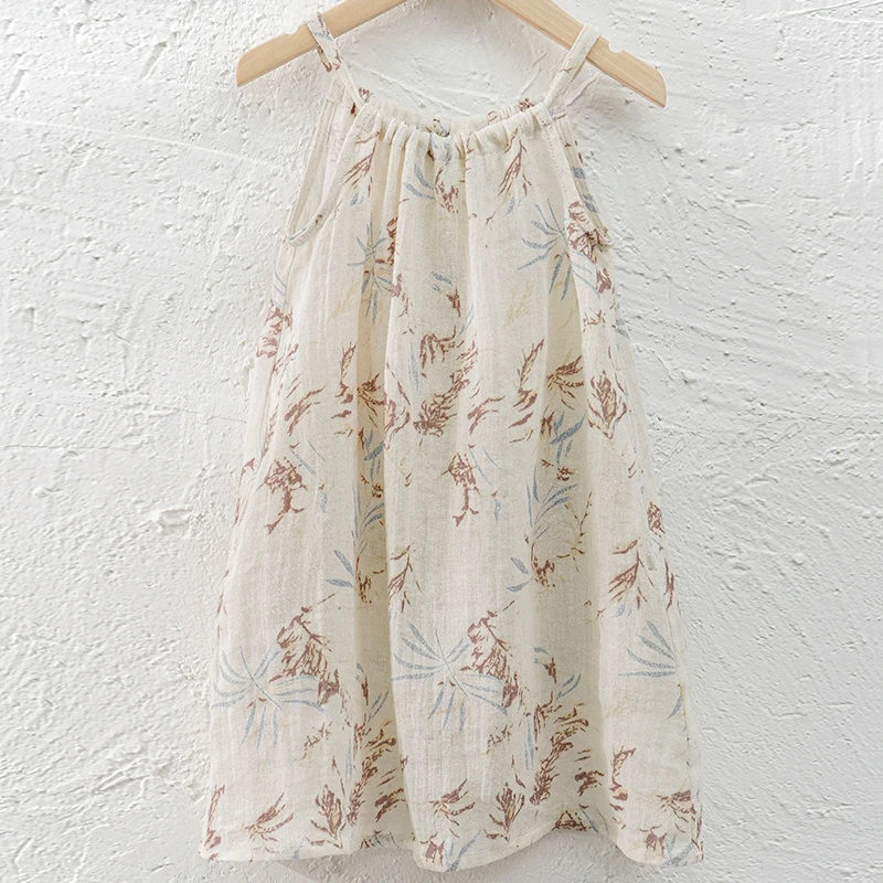 Vintage 100% Linen Flower Print Girls Dress With Pockets Summer New Baby Girl Sleeveless Casual Loose Spaghetti Strap Dresses