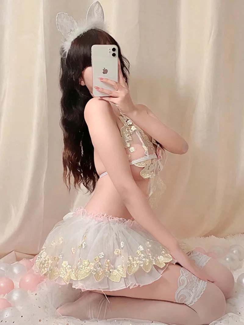 Mini Embroidered Flowers Dress Elegant V Neck Sweet Three Point Sexy White Lace Open Back Cute Girl Uniform Korean Women ZS3X