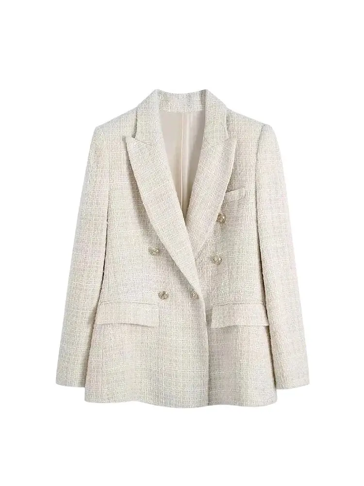 TRZA Women Fashion Tweed Double Breasted Blazer Coat Vintage Long Sleeve Flap Pockets Female Outerwear Chic Veste Femme