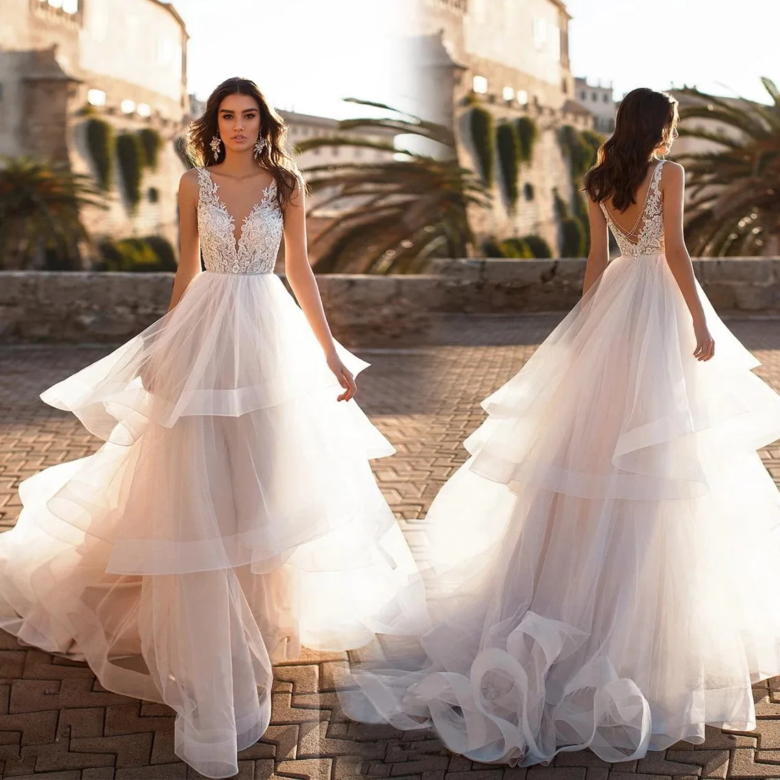 VENSANAC-Robe de mariée trapèze en tulle à plusieurs niveaux, appliques en dentelle, col en V profond, train de balayage, ouvert, dos nu, patients, quoi que ce soit