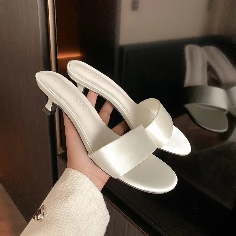 

Elegant Women's High Heeled Slippers Exquisite Silk Mule Shoes Designer High Heels for Woman High End Casual Shoes Zapatos Mujer