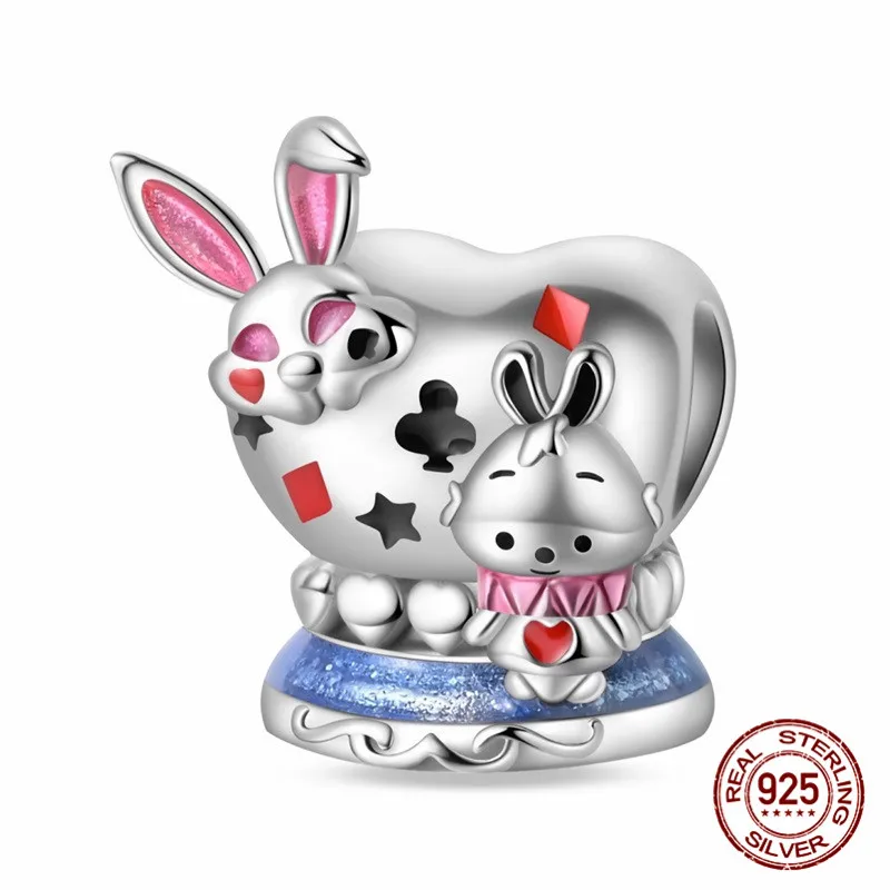 

925 Sterling Silver Heart-Shaped Rabbit Pendant Bead Inlaid with Zircon Paired with an Original Bracelet DIY Womens Jewelry Gift