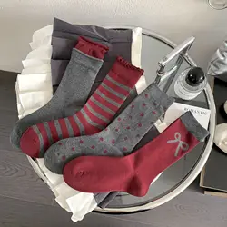 Red Striped Midtube Socks with Bow Long Tube Casual Ribbed Cotton Socks for Women