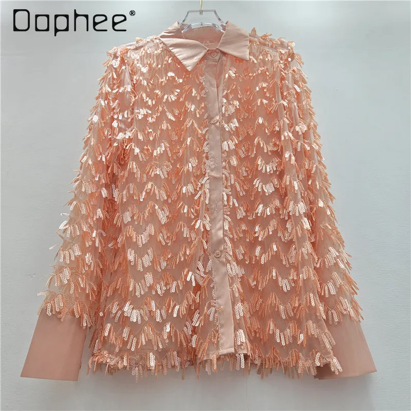 

European American Fashion Street Sequined Fringed Mesh Hollow Shirt Women Versatile Single-breasted Long-sleeved Blouse Autumn