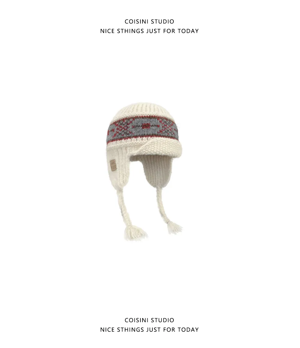 Retro Fair Isle Jacquard-Strickmützen für Damen, warme, dicke Wintermützen mit Ohrenklappen und Quasten, Outdoor-Ski-Beanies – Detail 6