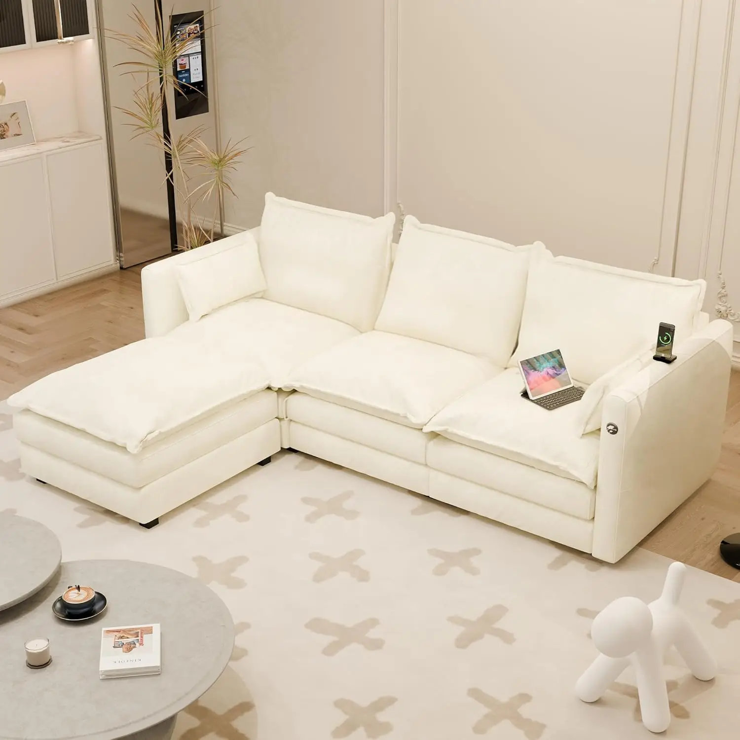 

L-образный секционный диван с мягкими подлокотниками, современный модульный секционный диван, 3 сиденья с портом для зарядки USB/Type-C, глубина 27 дюймов