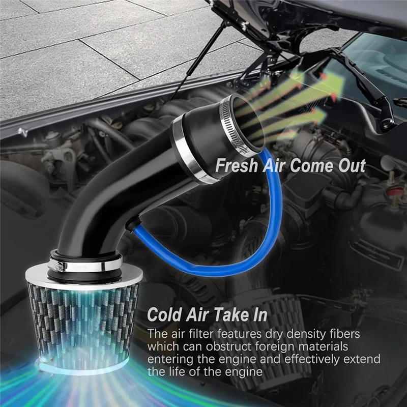 Cool Air Intake Kit, 3Inch Universal Car Cool Air Intake Pipe Aluminium Automotive Filter Induction Flow Hose Pipe Kit