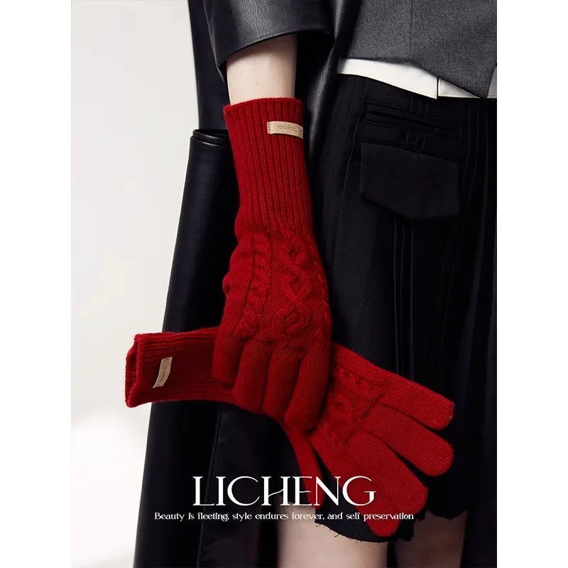 High version 100% Australian wool gloves Winter women Christmas red warm cycling wool Fried Dough Twists gloves gift