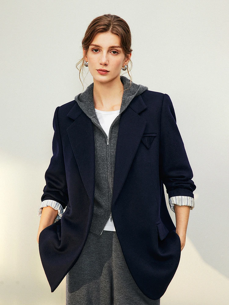 Klasyczna dwustronna wełniana marynarka z płaskim kołnierzem, długi rękaw, damska, codzienna moda, marka Manman, Ningxia Interiors