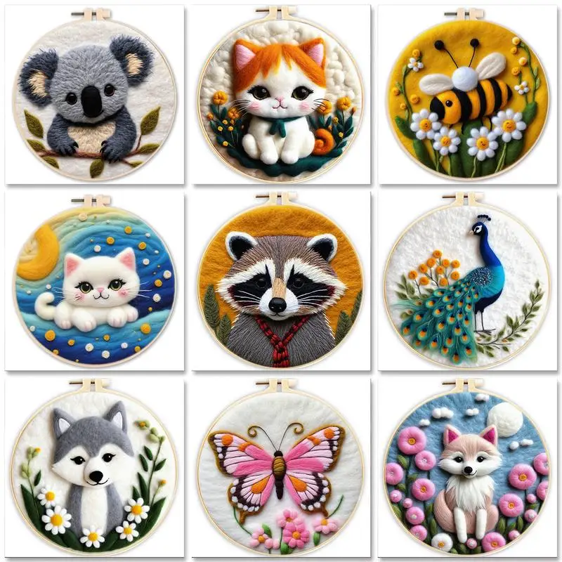 SDOYUNO Animal Pattern Painting DIY Wool Embroidery Kit Diy Creative Making Wool Felt Kit Craft Painting Gift For Mom Friends