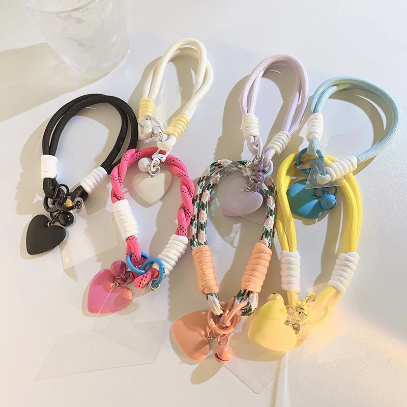 1 Piece Charm Strap Cord Keychain For Phone 16 Lanyards Bag CCD Girl Hanging Rope Heart Bell Pendant Braided Rope Phone Chain