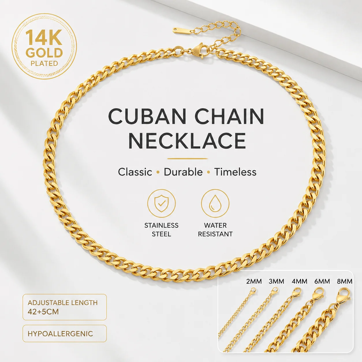 St-Delan 14K Gold Plated Cuban Link Chain Necklace 2mm-8mm Stainless Steel Miami Cuban Chain for Men Women