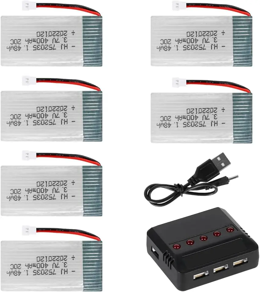 6PCS 3.7V 400mAh LiPo Battery with 6-in-1 USB Charger XH2.54 Plug for RC Drone Quadcopter Helicopter Aircraft Spare Parts Pack