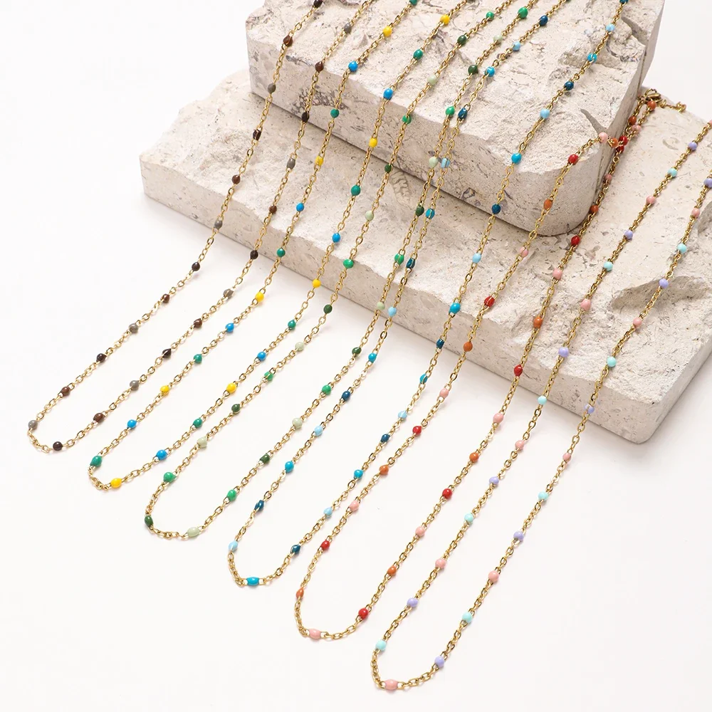 Fashion Gold Color Hot Pink Stainless Steel Necklace with Satellite Enamel Beads Link Cable Chain for Women Chic Summer Gift